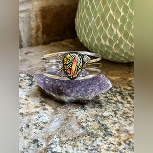 Silver Black Gemstone Mexican Hand Painted Bracelet